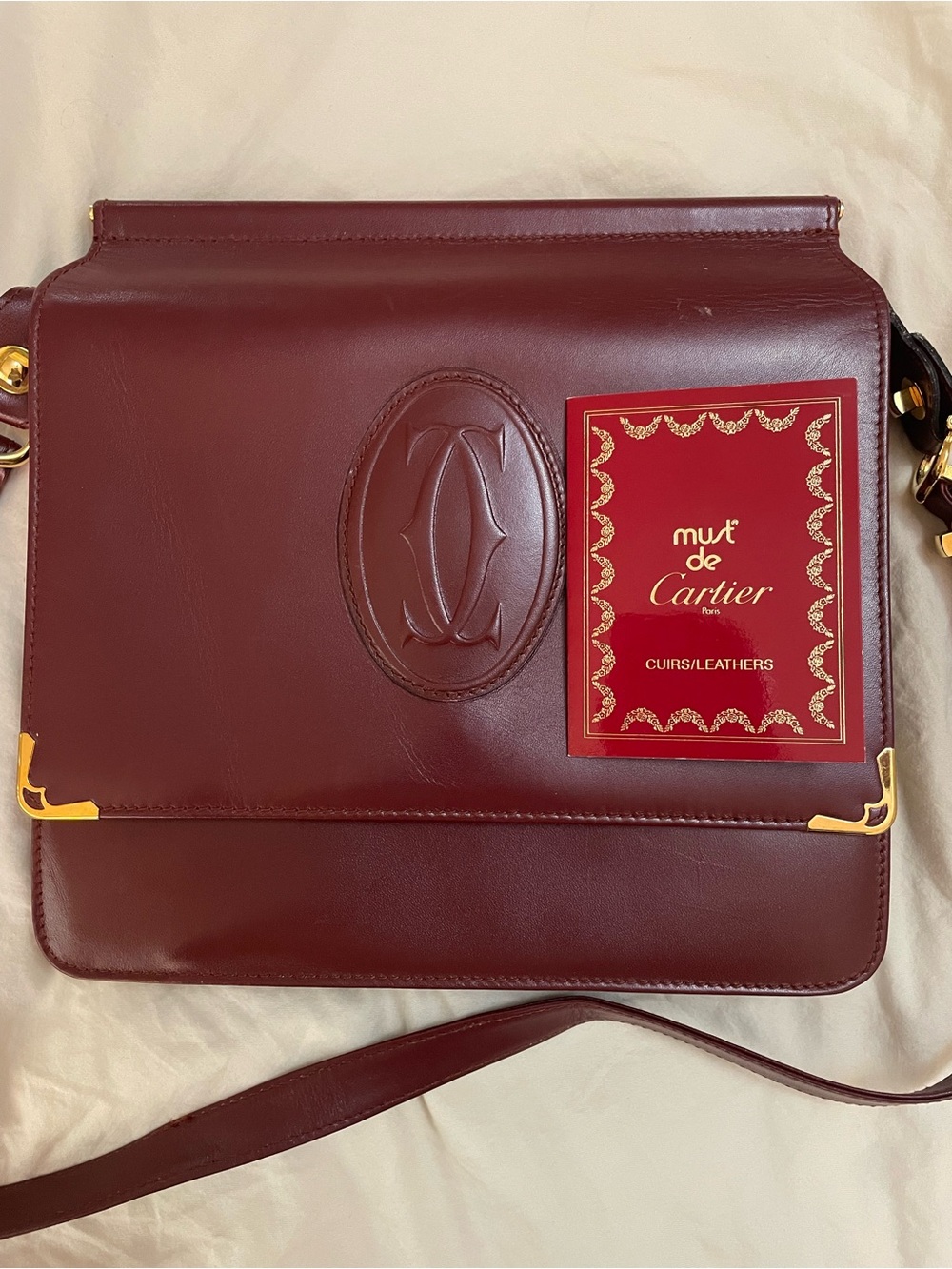 Vintage Cartier Burgundy Leather Crossbody Shoulder Bag Auth Card & Dust Bag - Picture 10 of 14